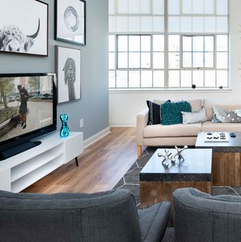 A living space featuring hardwood flooring